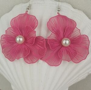 Pink Translucent Intricate Design Flower Pearl Drop Earrings